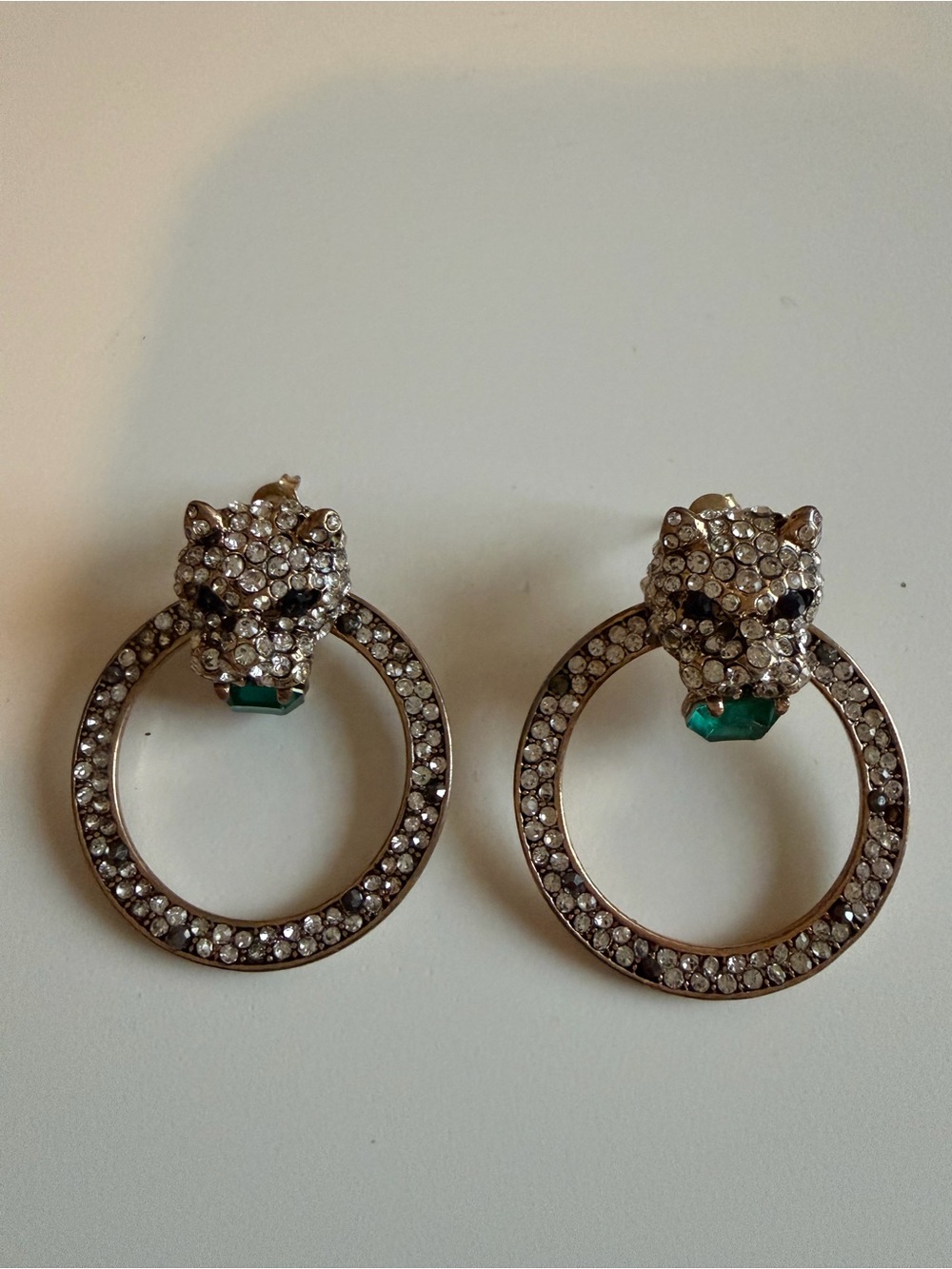 Crystal Pavé Leopard Hoop Earrings with Emerald Accent - Silver Tone